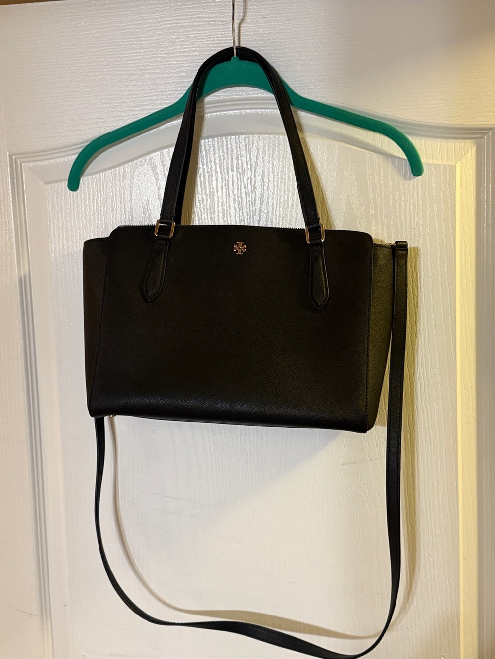 Tory Burch Black Leather Shoulder Tote with Floral Scarf Charm